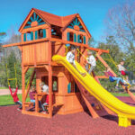 6.5 MegaDeck Fort w/ Wood Roof, Treehouse Panels, Playhouse Panels and Green DoubleWall Scoop Slide