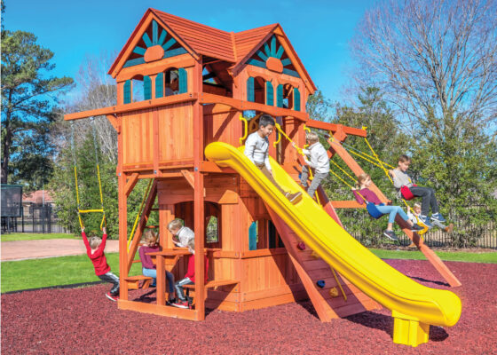 6.5 MegaDeck Fort w/ Wood Roof, Treehouse Panels, Playhouse Panels and Green DoubleWall Scoop Slide