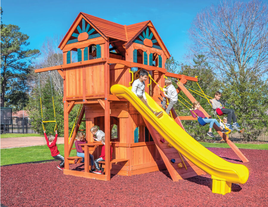 6.5 MegaDeck Fort w/ Wood Roof, Treehouse Panels, Playhouse Panels and Green DoubleWall Scoop Slide