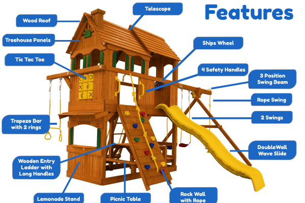 wooden double swing and slide set