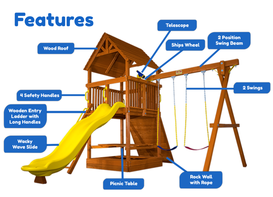 Features diagram 24 5.8 Bengal Fort Small Backyard w Wood Roof and Yellow Wacky Wave Slide