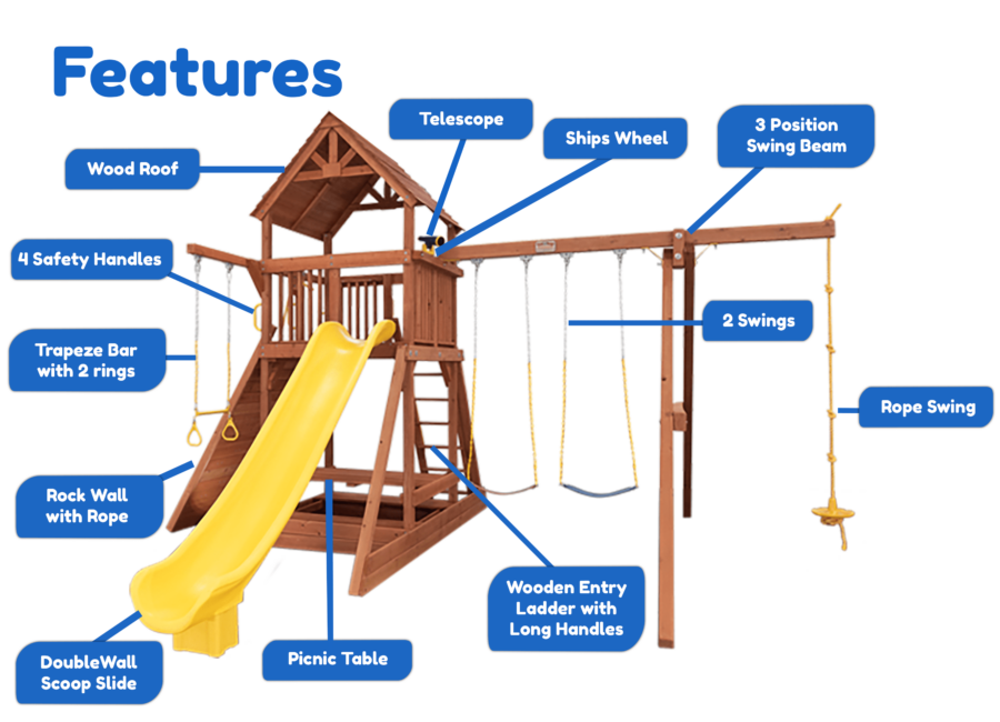 Features diagram 32 6.5 Bengal Fort w Wood Roof and Yellow DoubleWall Scoop Slide