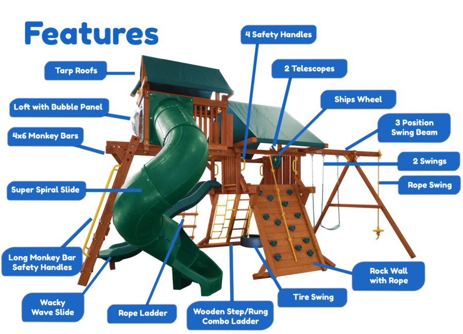 Features diagram 50 5.8 Jaguar Playcenter w Green Tarp 4x6 Monkey Bars Loft Green Wacky Wave Slide and Green Spiral Slide