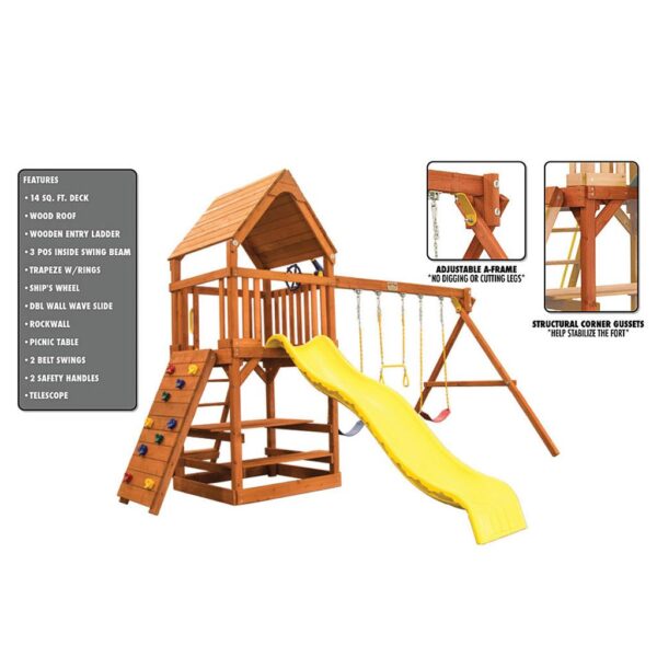 Toucan Fort Swing Sets Wooden Roof Picnic Table Wave Slide