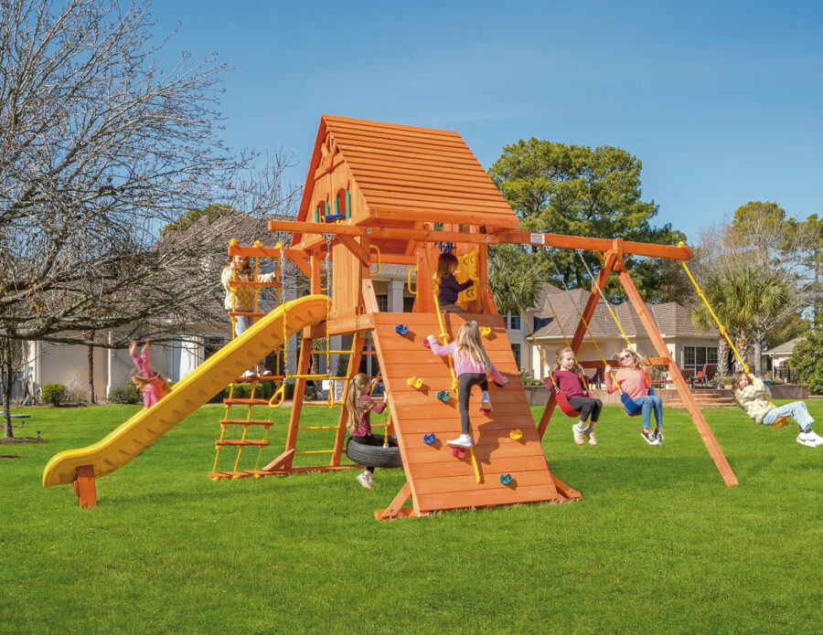 Parrot Island Playcenter XL w/ Wood Roof, Treehouse Panels and Green Scoop Slide