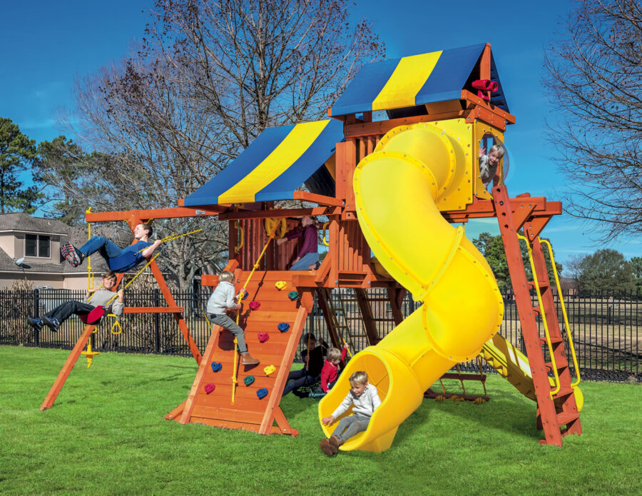 5.8 Jaguar Playcenter w/ BYB Tarp, 4x6 Monkey Bars, Loft, Yellow DoubleWall Scoop and Yellow Spiral Slide
