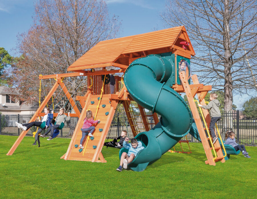 6.5 Jaguar Playcenter w/ Wood Roof, 4x6 Monkey Bars, Loft, Green DoubleWall Scoop Slide and Green Spiral Slide