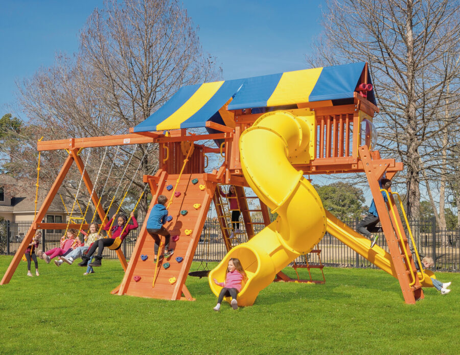 7.4 Jaguar Playcenter w/ BYB Tarp, 4x6 Monkey Bars, Loft, Yellow DoubleWall Scoop Slide and Yellow Spiral Slide