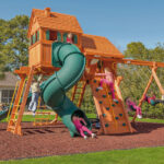 7.4 Jaguar MegaSized Playcenter w/ Wood Roof, Dormer, 4x6 Monkey Bars, Cabin, Green DoubleWall Scoop Slide and Green Spiral Slide