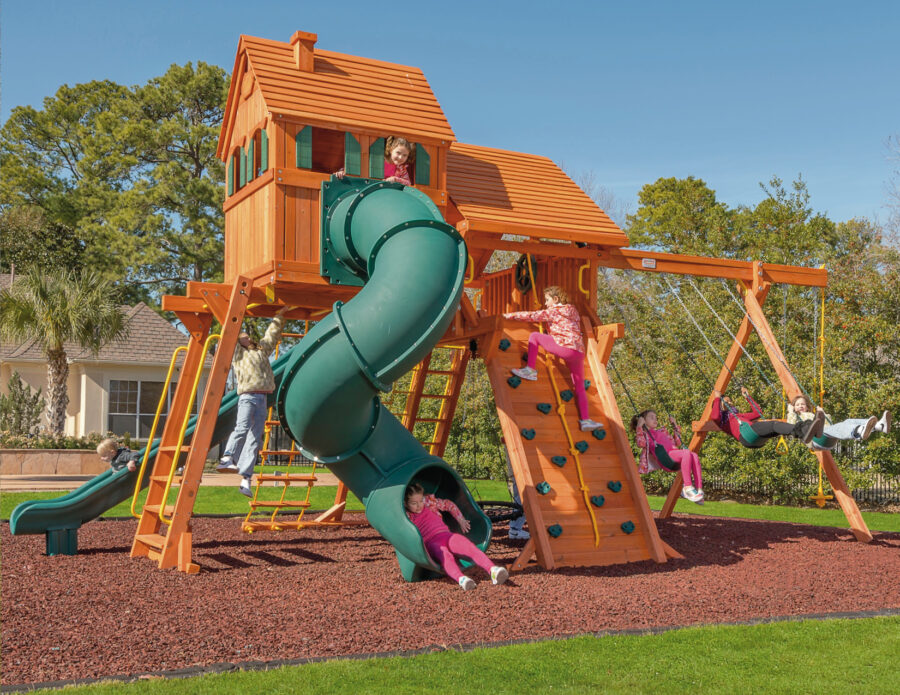 7.4 Jaguar MegaSized Playcenter w/ Wood Roof, Dormer, 4x6 Monkey Bars, Cabin, Green DoubleWall Scoop Slide and Green Spiral Slide