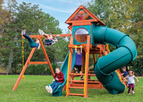 6.5 Bengal Fort w/ Wood Roof, 4x6 Monkey Bars, Loft, Green DoubleWall Scoop Slide and Green Spiral Slide