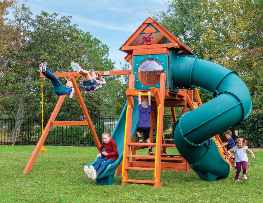 6.5 Bengal Fort w/ Wood Roof, 4x6 Monkey Bars, Loft, Green DoubleWall Scoop Slide and Green Spiral Slide