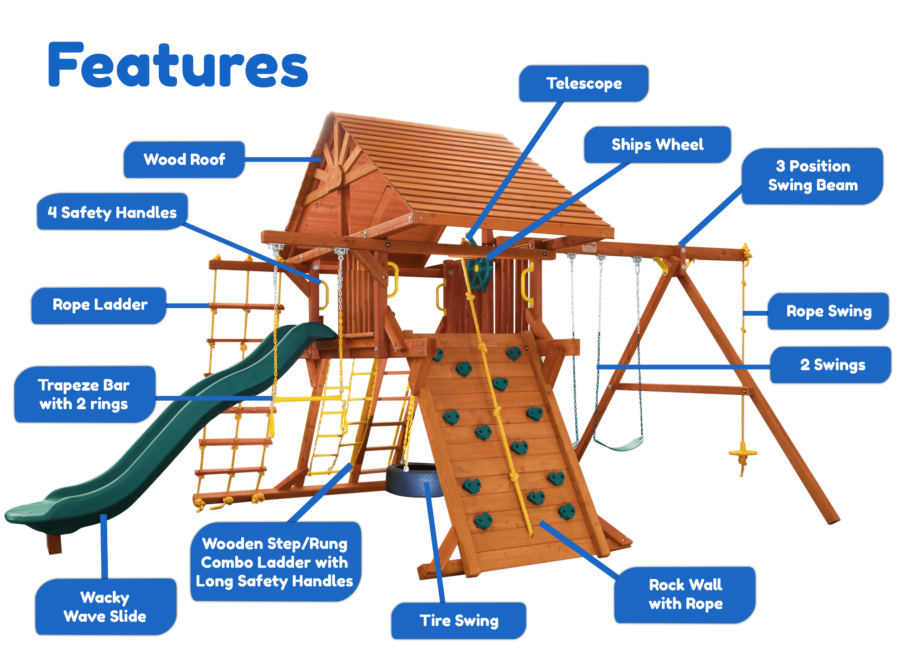 Features diagram 35 5.8 Jaguar Playcenter w Wood Roof Treehouse Panels and Green Wacky Wave Slide 1
