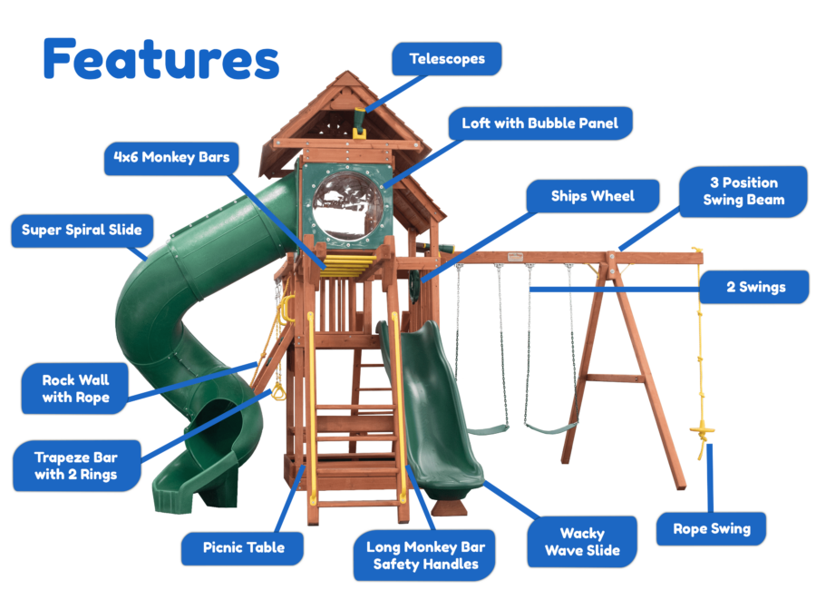 Features diagram 51 5.8 Bengal Fort w Wood Roof 4x6 Monkey Bars Loft Green Wacky Wave Slide and Green Spiral Slide