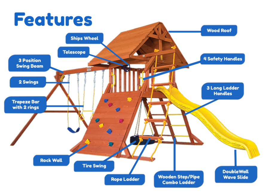 Features diagram 6 Toucan Playcenter w wood roof and Yellow Wave Slide