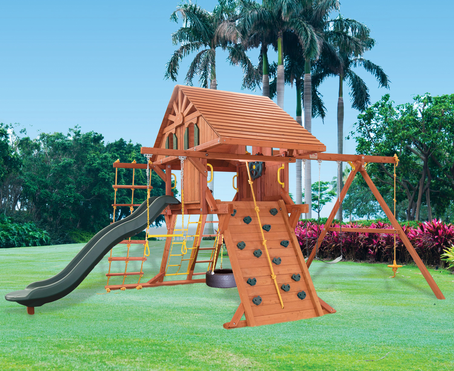 5 5 Jaguar Playcenter w Wood Roof Treehouse  Panels Wacky Wave Slide 