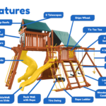 Features diagram 46 Parrot Island Playcenter w  Green Tarp 4x6 Monkey Bars Loft Yellow Wave Slide and Yellow Spiral Slide