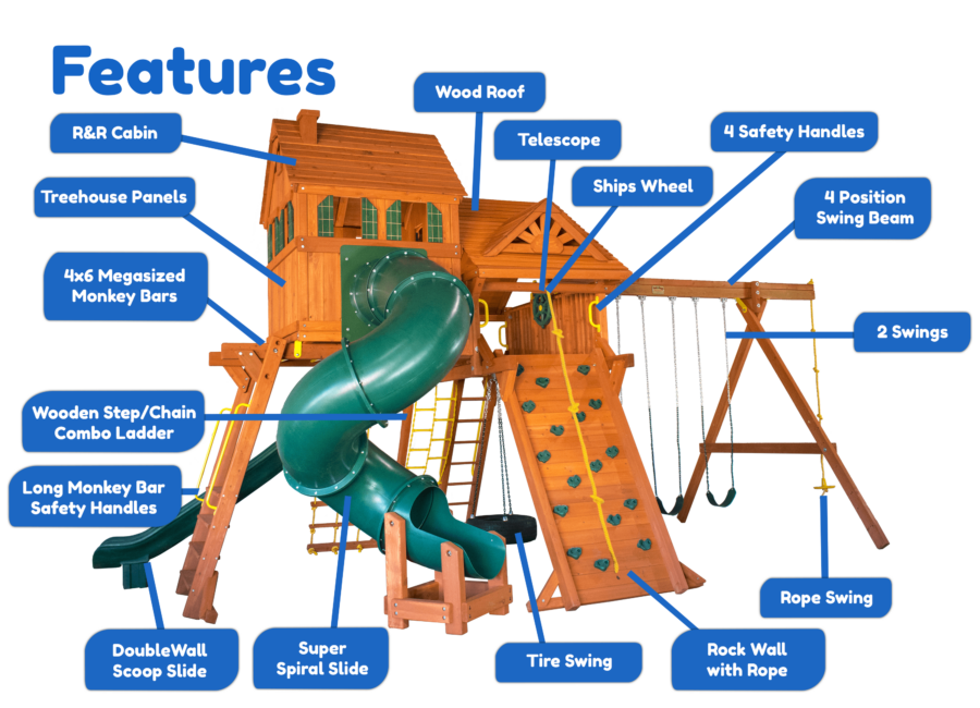 Features diagram 64 7.4 Jaguar MegaSized Playcenter w Wood Roof Dormer 4x6 Monkey Bars Cabin Green DoubleWall Scoop Slide and Green Spiral Slide